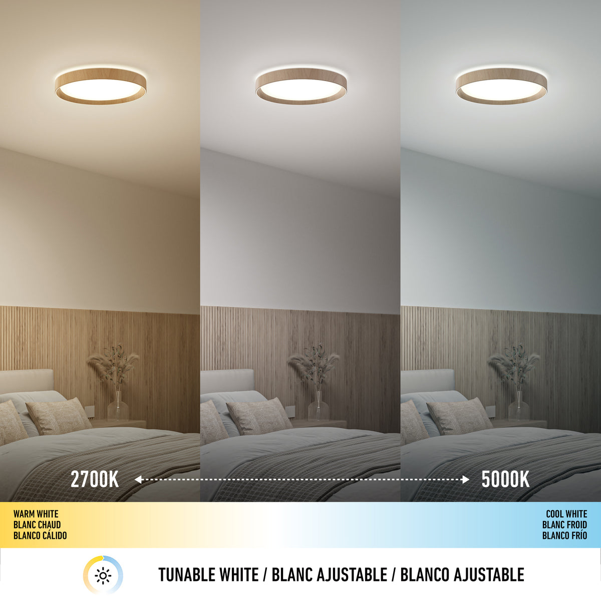 A bedroom features the Artika Callisto 15 in. LED flush mount light, shown with three color temperatures: warm white (left), neutral (center), and cool white (right). Adjustable from 2700K to 5000K.