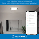 A ceiling light is shown above a framed wall picture in a modern room. A smartphone screen displays smart lighting settings. Text reads, “Various programming options for customized usage. PROGRAMMABLE.”.