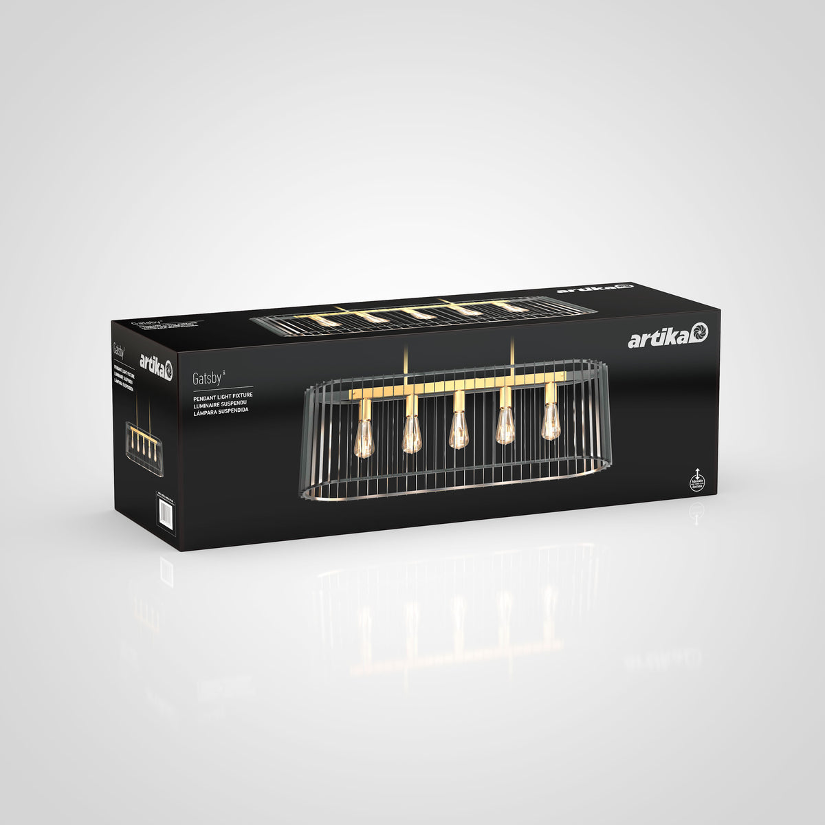 A black rectangular box displaying a modern gold and black pendant light fixture with five exposed bulbs, branded Artika and labeled Gatsby on a white background.