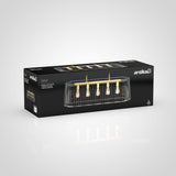 A black rectangular box displaying a modern gold and black pendant light fixture with five exposed bulbs, branded Artika and labeled Gatsby on a white background.
