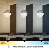A pendant light above a table is shown at three color temperatures: warm white (3000K), neutral white (4000K), and cool white (5000K), each changing the rooms wall and lighting ambiance.