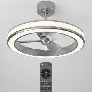 The Artika Edwin 23 in. LED modern ceiling fan features three metal blades, a circular LED light ring, sleek industrial design with a silver base, and comes with a remote for easy 3-speed fan and light control.