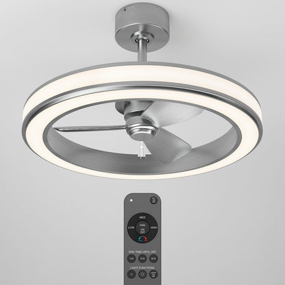 A modern ceiling fan with a circular LED light ring, metallic finish, and three blades is shown. A remote control with various fan and light settings is positioned below the fan.