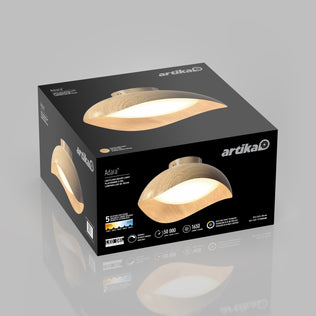 Product box for the Artika Adara 15 in. (38 cm) Modern LED Flush Mount Ceiling Light 5 CCT, showing product images and technical specifications.