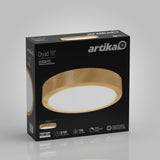 A product box for the Artika Dryad 10 LED ceiling light. The packaging features an image of the circular light fixture with a wooden finish, product details, and specifications on a black and gray background.