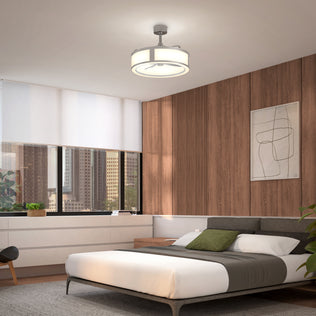 Modern bedroom with wood-paneled walls, large window, low bed, abstract art, and the Artika Huxley 23 in. LED ceiling fan.