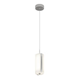 A modern pendant light fixture with a cylindrical frosted glass shade, suspended from the ceiling by a thin metal cord and a round ceiling mount.