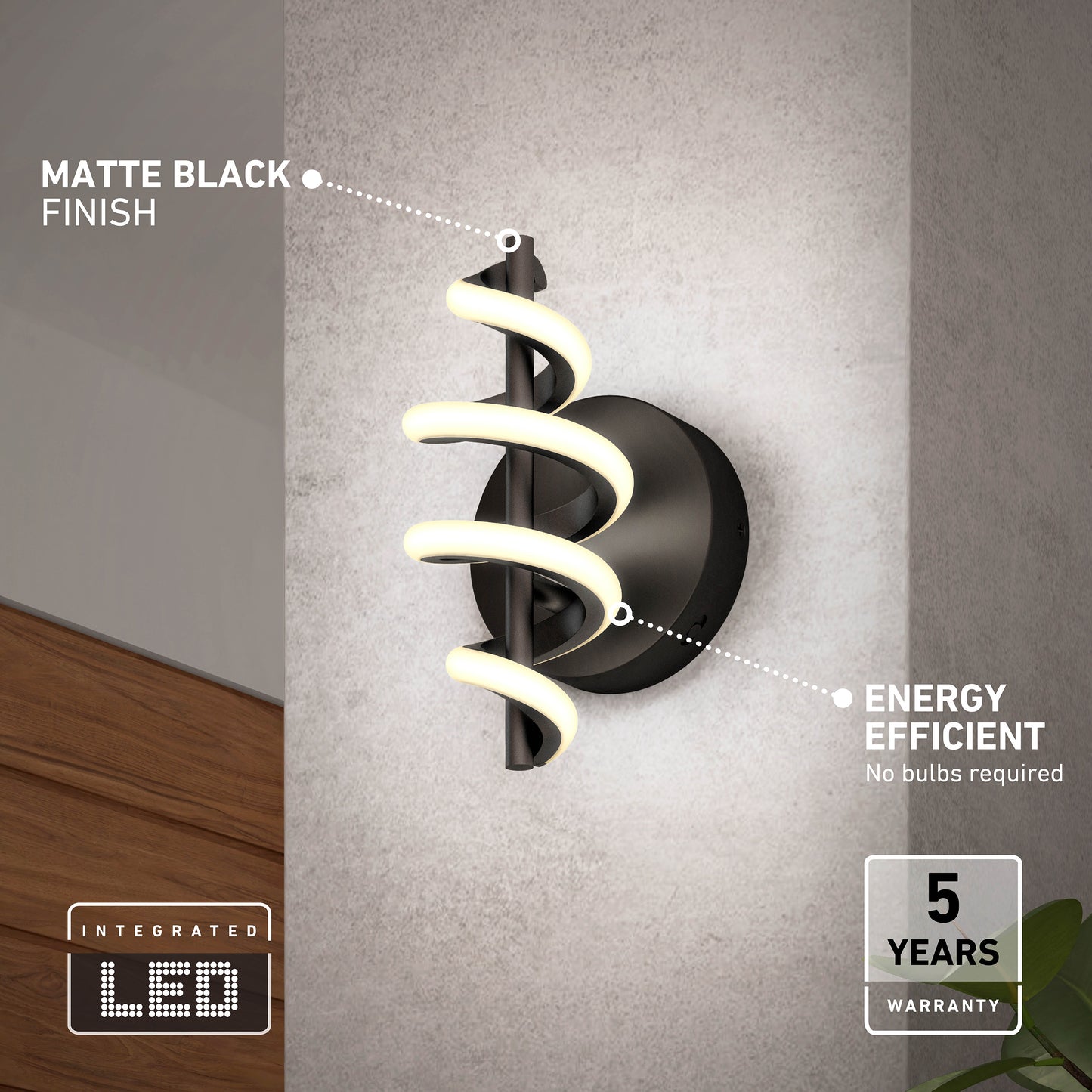 The Artika Chorus LED Wall Light features a matte black finish and spiral-shaped integrated LED, mounted on a light gray wall. It stands out for its energy efficiency and comes with a 5-year warranty.