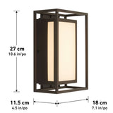 Rectangular wall sconce with a frosted glass center and metal frame. Dimensions: 27 cm tall, 11.5 cm wide, 18 cm deep. Black arrows and measurements are shown beside and below the light.