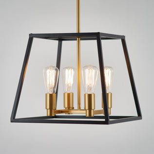 The Artika Carter Square 4-light chandelier features a black frame, gold accents, and four exposed vintage-style bulbs.