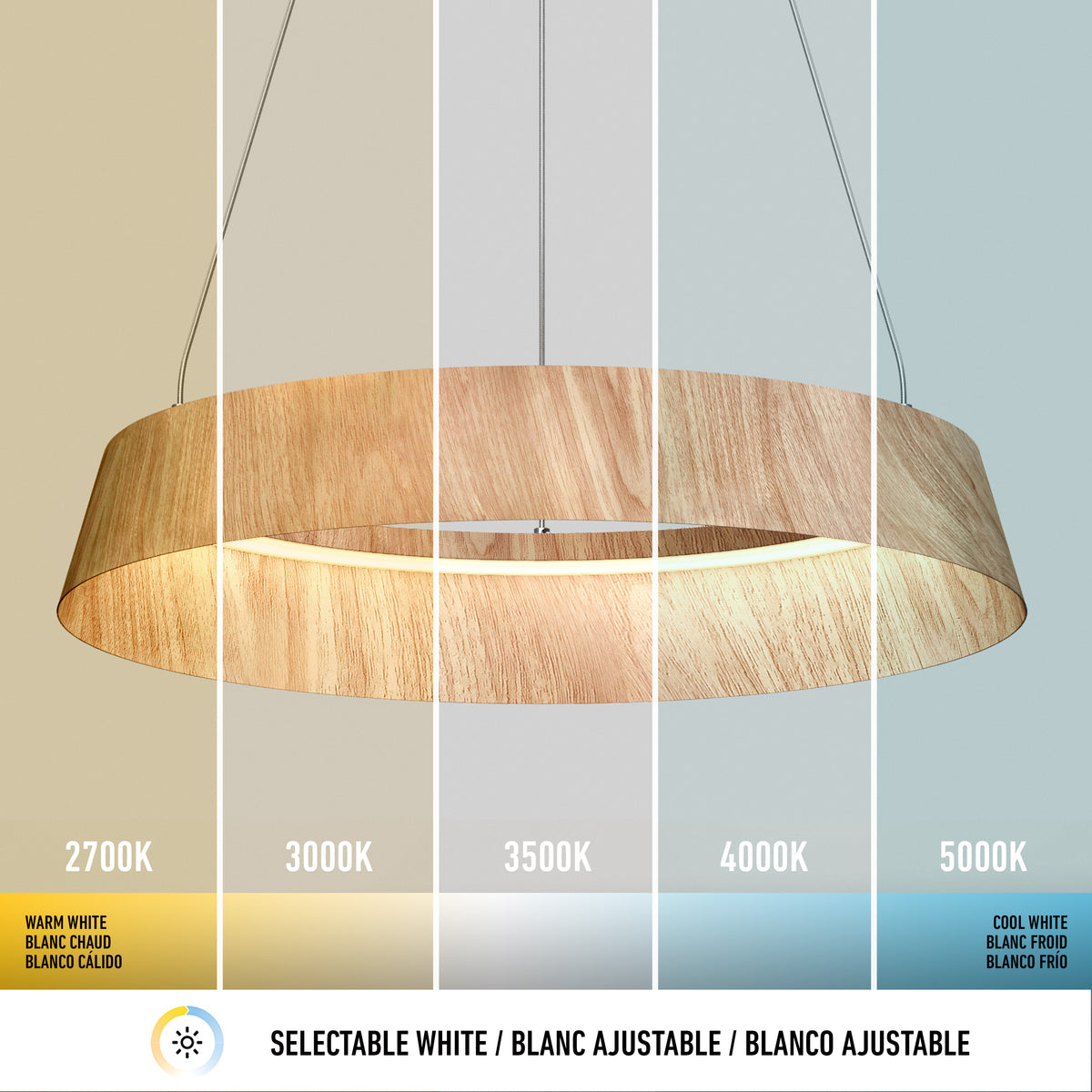A modern circular wooden pendant light is shown under five different color temperatures, ranging from warm white (2700K) on the left to cool white (5000K) on the right, with labels for each setting below.