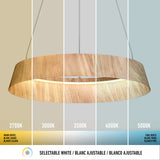 A modern circular wooden pendant light is shown under five different color temperatures, ranging from warm white (2700K) on the left to cool white (5000K) on the right, with labels for each setting below.
