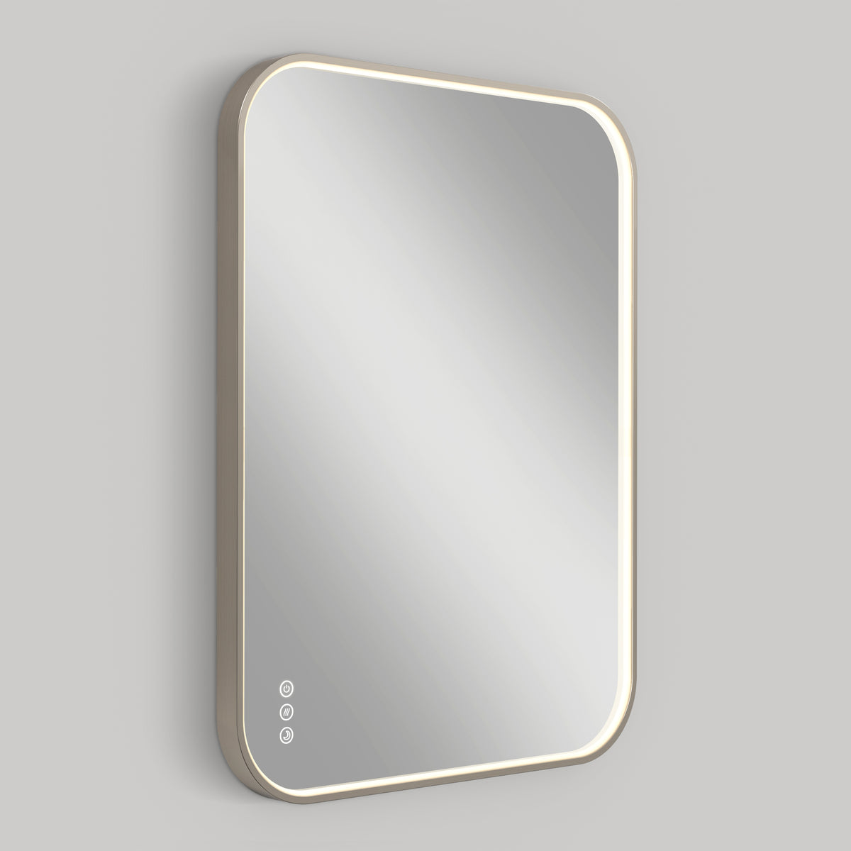 The Artika Royce Dimmable LED Mirror features a rectangular shape with rounded corners, a slim illuminated edge, and three circular touch buttons for defogging and 3 CCT adjustment, shown on a plain gray background.