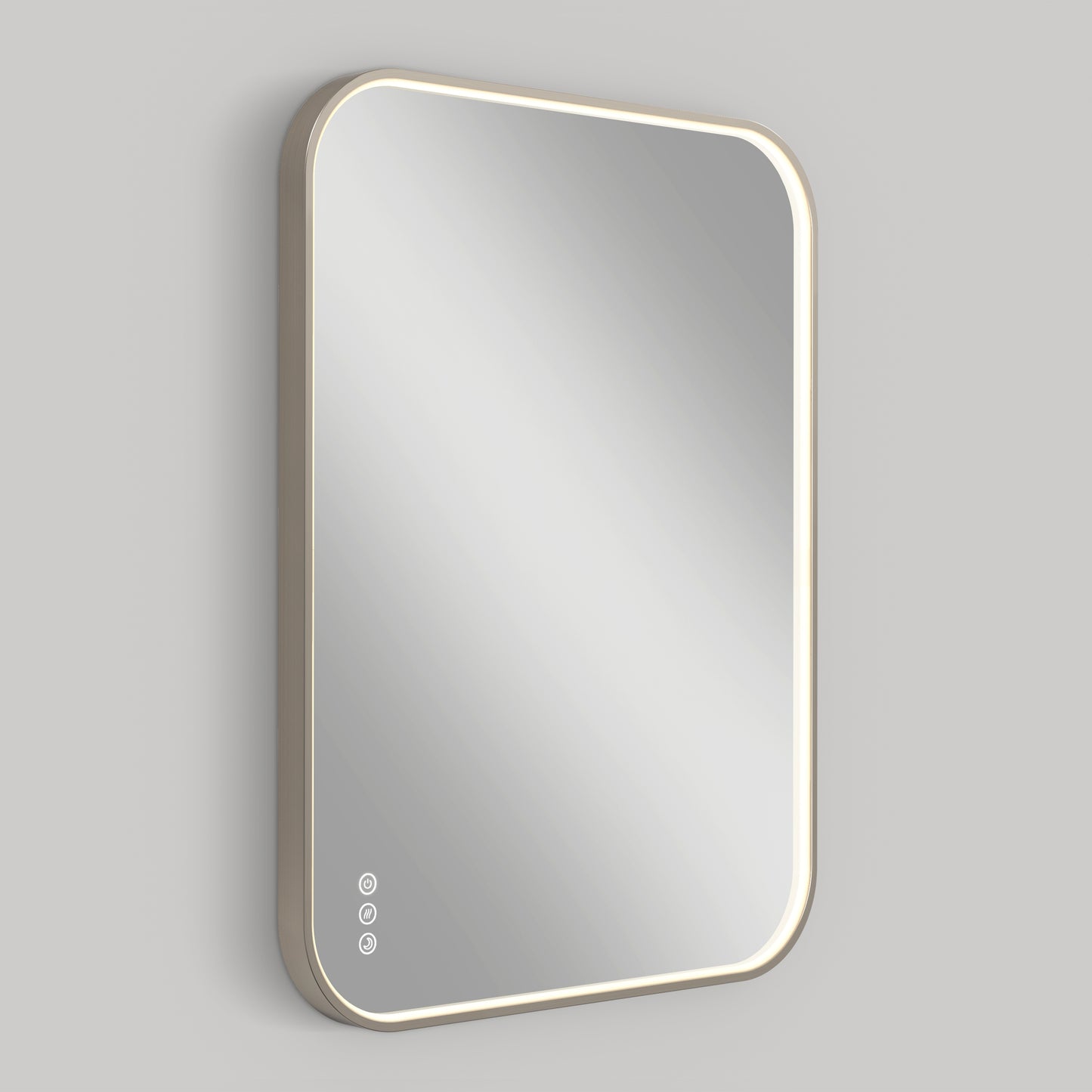 The Artika Royce Dimmable LED Mirror features a rectangular shape with rounded corners, a slim illuminated edge, and three circular touch buttons for defogging and 3 CCT adjustment, shown on a plain gray background.