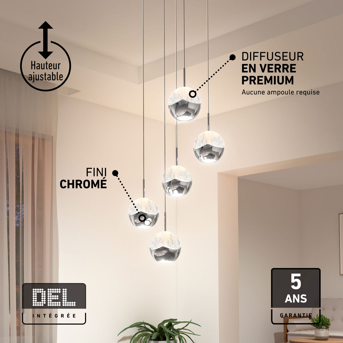 Artika’s Oracle modern 5-light LED pendant features adjustable chrome spheres for a sleek, contemporary chandelier look in any space.