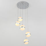 A modern ceiling light fixture with four spherical pendant lights, each featuring a frosted texture and a metallic wave band, suspended at different lengths from a round, silver ceiling mount.