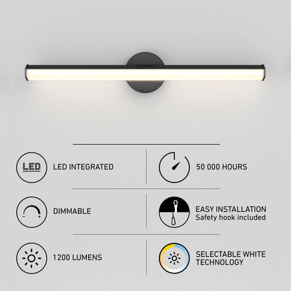 The Artika Ewen modern LED bathroom vanity light 5 CCT is displayed above icons and text showing its features: LED integrated, 1200 lumens, dimmable, 50,000 hours lifespan, easy installation, and selectable white technology.