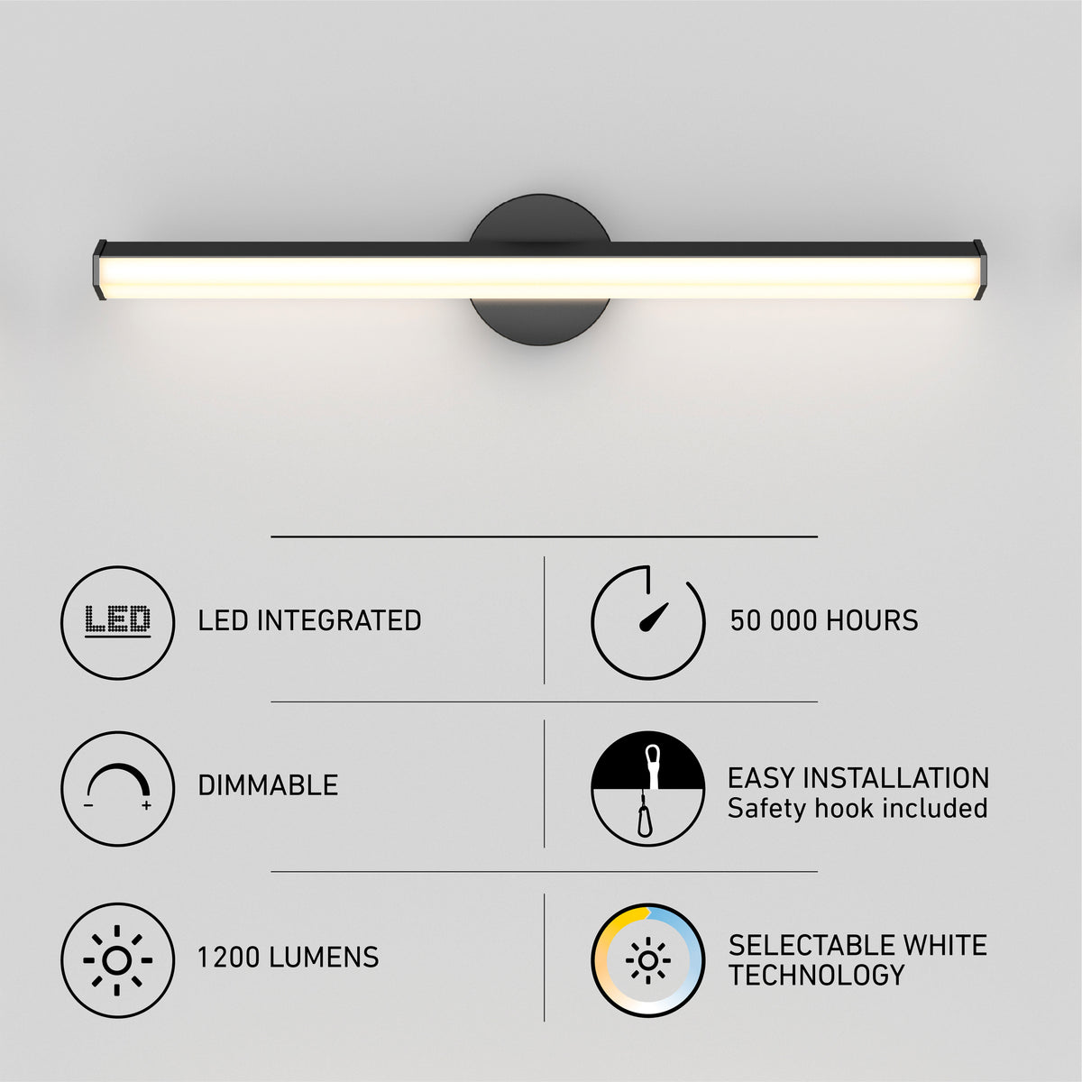 A modern wall-mounted LED light bar with icons and text highlighting features: LED integrated, 50,000 hours lifespan, dimmable, easy installation, 1200 lumens, and selectable white technology.