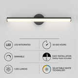 A modern wall-mounted LED light bar with icons and text highlighting features: LED integrated, 50,000 hours lifespan, dimmable, easy installation, 1200 lumens, and selectable white technology.