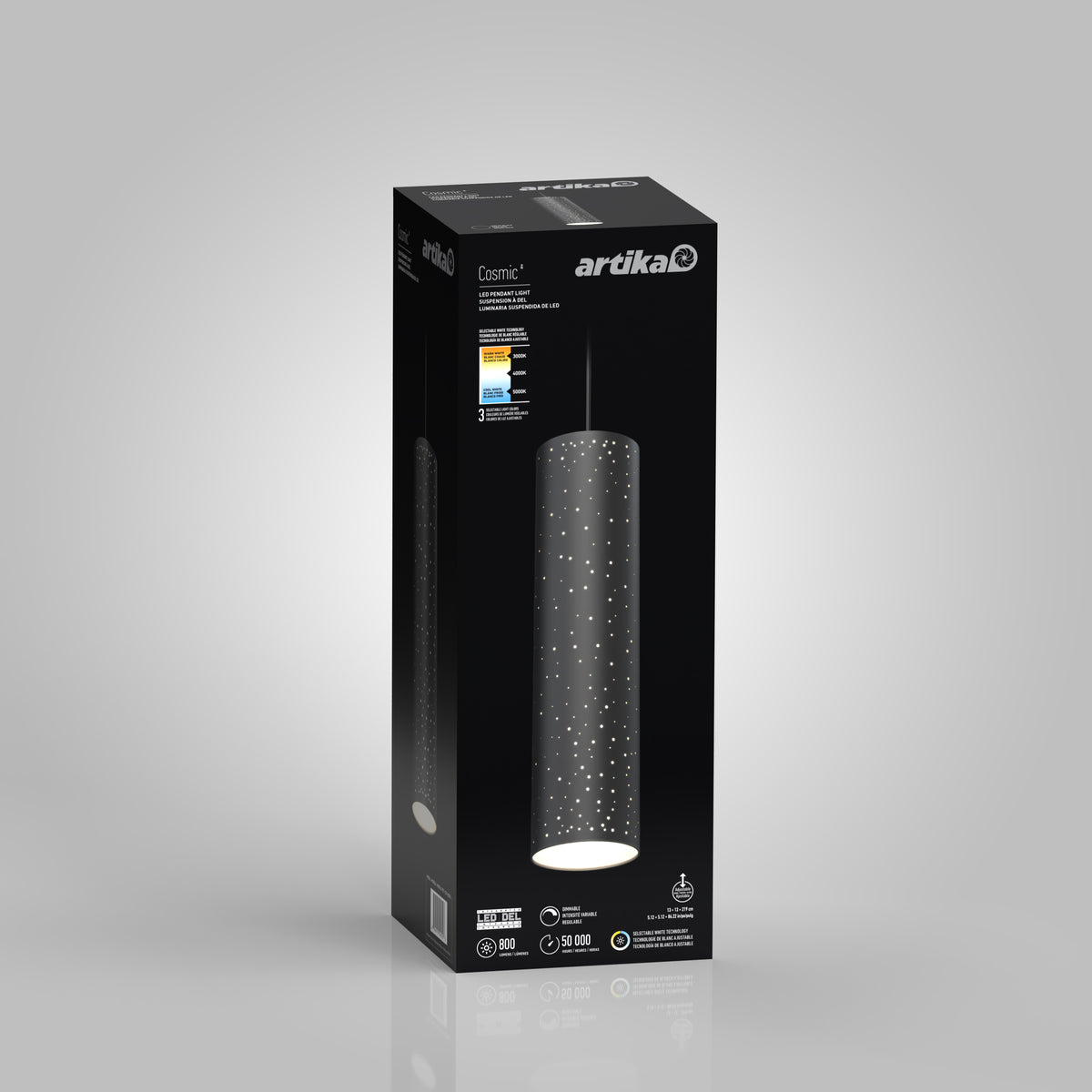 A black rectangular box displays a cylindrical pendant light with a starry pattern, branded as “Artika Cosmic.” Energy efficiency, brightness, and dimmable features are highlighted on the packaging. The background is light gray.