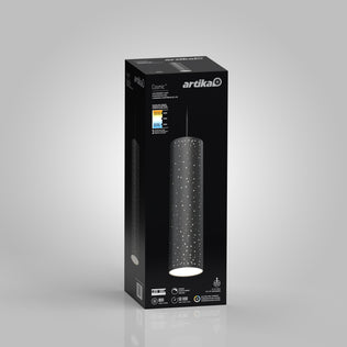 A black rectangular box displays the Artika Cosmic modern LED pendant light 3 CCT with a star-patterned cylindrical design. The packaging features the brand name and product name against a light gray gradient background.