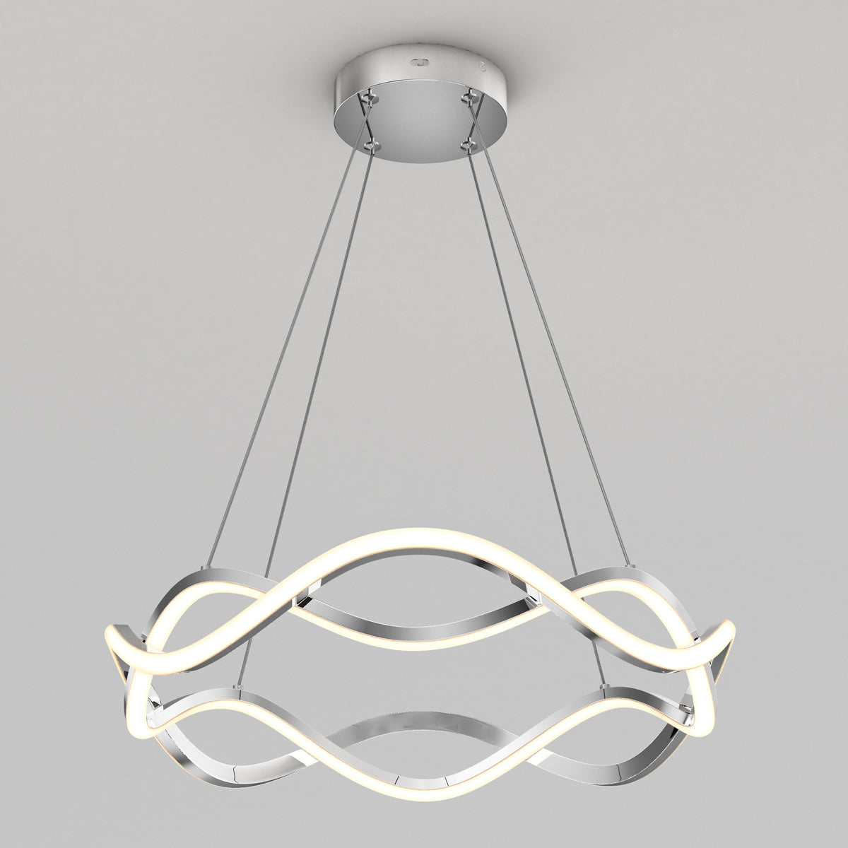 The Artika Vanora LED pendant light 5 CCT features wavy, intertwined LED bands suspended by four slim cables from a circular metal base, creating a modern look against any plain white ceiling.