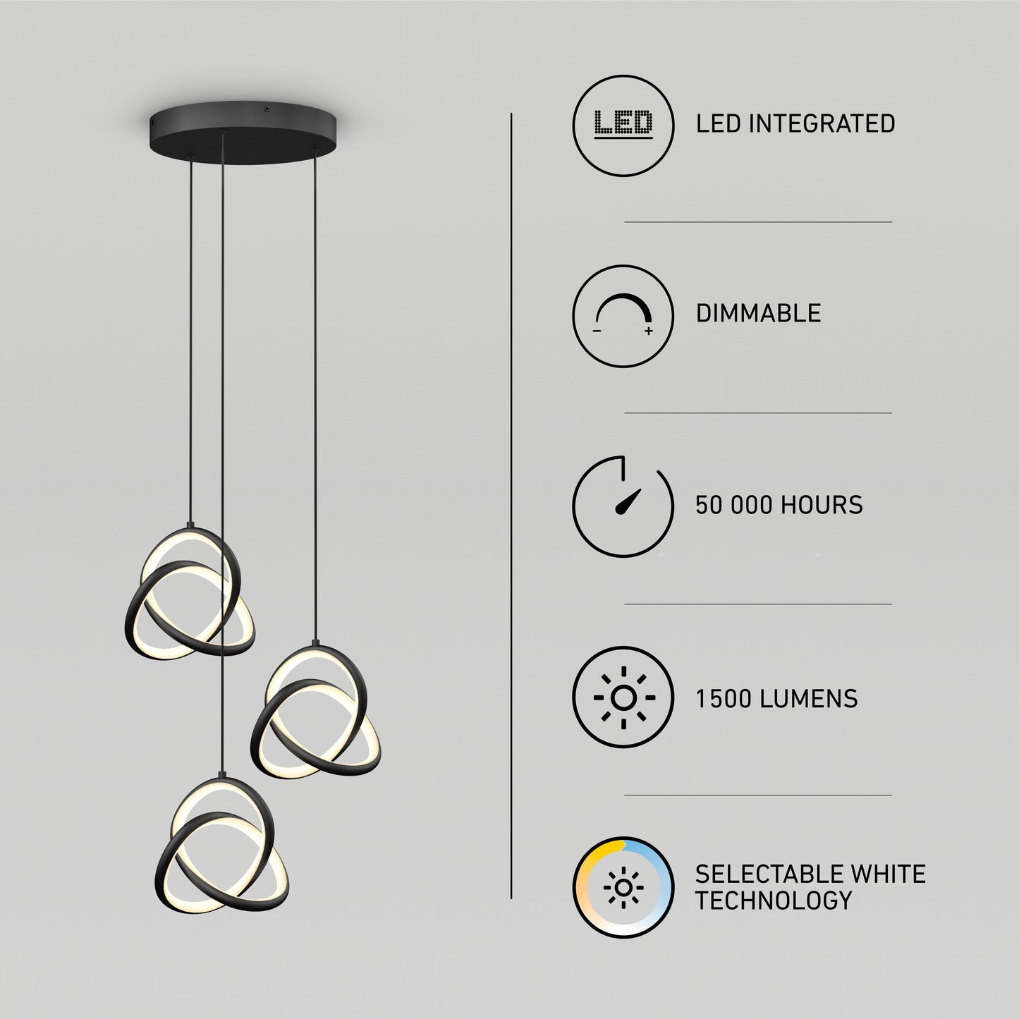 The Artika Zephyr 3-light LED pendant features three intertwined rings, an integrated LED, dimmable function, 50,000-hour lifespan, 1500 lumens, and selectable white technology—each with icons shown—with a modern black base design.