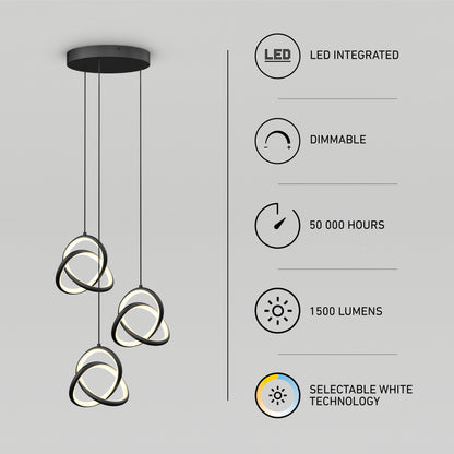 The Artika Zephyr 3-light LED pendant features three intertwined rings, an integrated LED, dimmable function, 50,000-hour lifespan, 1500 lumens, and selectable white technology—each with icons shown—with a modern black base design.