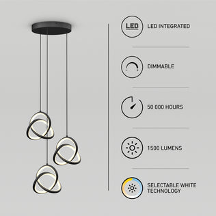 The Artika Zephyr 3-light LED pendant features three intertwined rings, integrated dimmable LEDs, selectable white technology, 50,000-hour lifespan, and delivers 1500 lumens—perfect for modern ceilings.