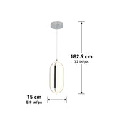 A modern pendant light with an oval-shaped LED frame hangs from a round ceiling mount. The fixture measures 182.9 cm (72 in) tall and 15 cm (5.9 in) wide, shown against a white background with measurement labels.