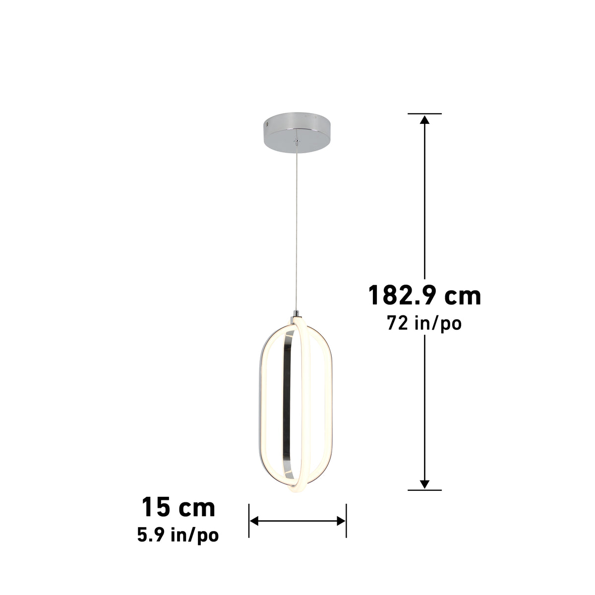The Arlo 1-light LED pendant by Artika features a modern oval-shaped fixture suspended from a round ceiling mount, measuring 15 cm (5.9 in) wide with a total hanging length of 182.9 cm (72 in).