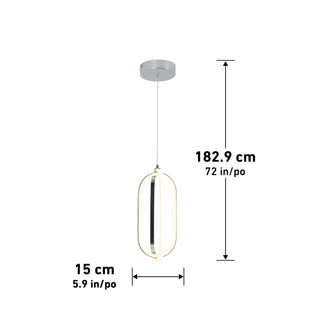 The Arlo 1-light LED pendant by Artika features a modern oval-shaped fixture suspended from a round ceiling mount, measuring 15 cm (5.9 in) wide with a total hanging length of 182.9 cm (72 in).