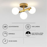 Modern ceiling light fixture with four spherical white bulbs and gold base. Text highlights features: LED integrated, 1050 lumens, dimmable, 50,000 hours lifespan, and easy installation with safety hook included.
