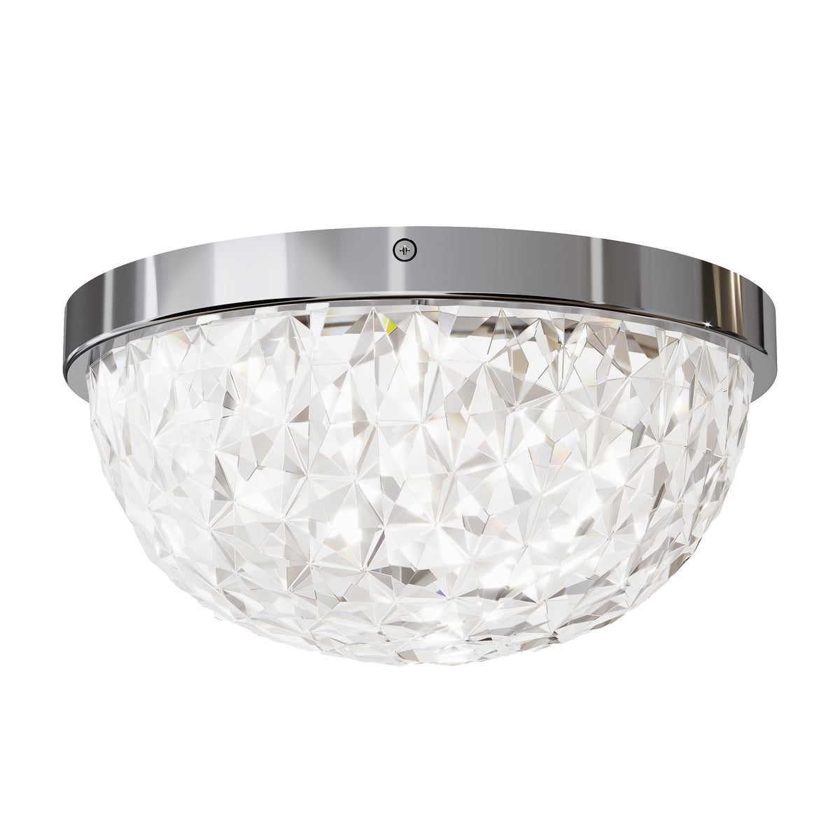 A modern ceiling light fixture with a faceted, clear glass dome and a shiny silver metal rim, creating a sparkling, crystal-like appearance.