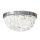 A modern ceiling light fixture with a faceted, clear glass dome and a shiny silver metal rim, creating a sparkling, crystal-like appearance.