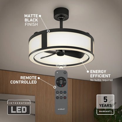 The Artika Huxley 23 in. LED modern ceiling fan features a matte black finish, remote control, 3 speeds, energy-efficient lighting, and a five-year warranty. Shown installed in a room for stylish comfort.