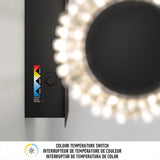 Overhead view of a black circular light fixture with a glowing ring of bulbs. Next to it is a color temperature switch with options labeled warm, neutral, and daylight. Text below reads Colour Temperature Switch in three languages.