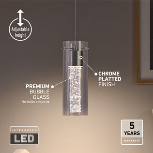 The Artika Essence LED pendant light features a chrome-plated finish, premium bubble glass, adjustable height, and integrated LED—no bulbs required. Includes a 5-year warranty.