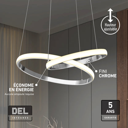 Artika Mora 28″ LED Pendant—adjustable height, 5CCT color temps, energy-saving, sleek modern rings, dimmable chrome finish.