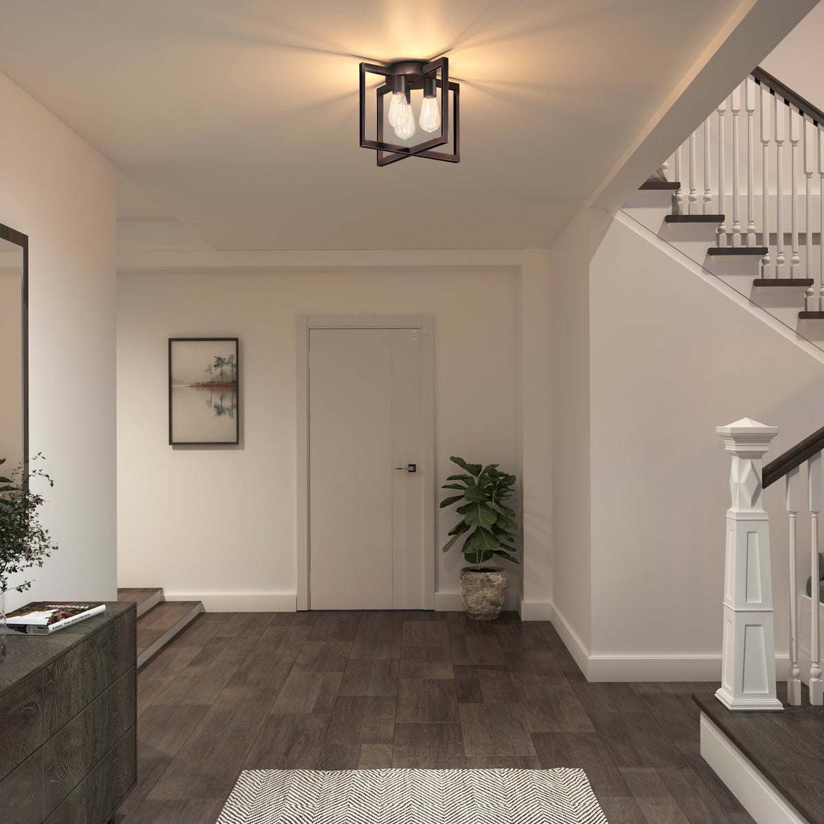 Modern entryway with dark wood flooring, a white door centered on the back wall, a staircase to the right, a plant in a pot beside the door, and a geometric ceiling light fixture.