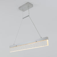 The Artika Essence Bar LED pendant light features a frosted, textured glass shade with metal accents, suspended by two cables from a rectangular ceiling mount, shown against a white background.