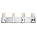 A modern wall-mounted light fixture with four cylindrical glass shades and a sleek chrome rectangular base, each shade containing decorative bubble-like details.