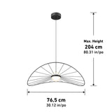 Modern pendant light fixture with a black wireframe shade, a central white bulb, and dimensions labeled: width 76.5 cm (30.12 in), and maximum height 204 cm (80.31 in).