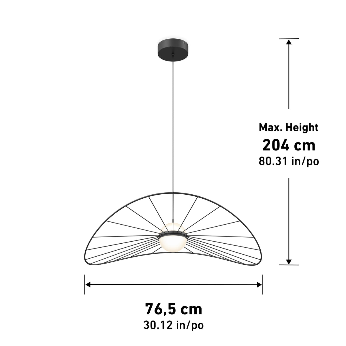 The Artika Tolena LED pendant light features a black wire frame and central white bulb, suspended from the ceiling. It measures 76.5 cm wide with a max hanging height of 204 cm, and offers 3 CCT settings.