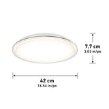 Round ceiling light fixture with a glowing white center. The diameter is labeled as 42 cm (16.54 in) and the height is labeled as 7.7 cm (3.03 in). Black arrows indicate measurement directions.