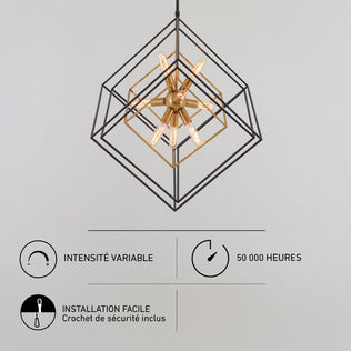 Artika Imperium 9-light chandelier: modern geometric design, gold accents, exposed bulbs; dimmable, long lifespan, easy to install.