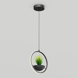 The Artika Colin LED modern planter pendant light 5 CCT features a circular black frame with an integrated LED ring and a central green potted plant, suspended by a black cord against a light gray background.