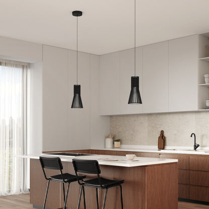Modern kitchen with a wooden island, two black barstools, minimalist white cabinets, open shelves, and sheer-curtained window. Illuminated by the Artika Kiyo modern LED pendant 3 CCT for a bright, contemporary touch.