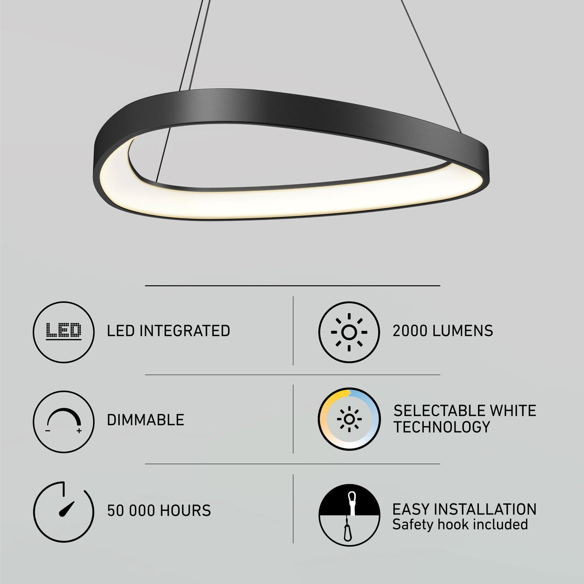 A modern oval-shaped black pendant LED light with six icons highlighting features: LED integrated, dimmable, 50,000-hour lifespan, 2000 lumens, selectable white technology, and easy installation with safety hook included.