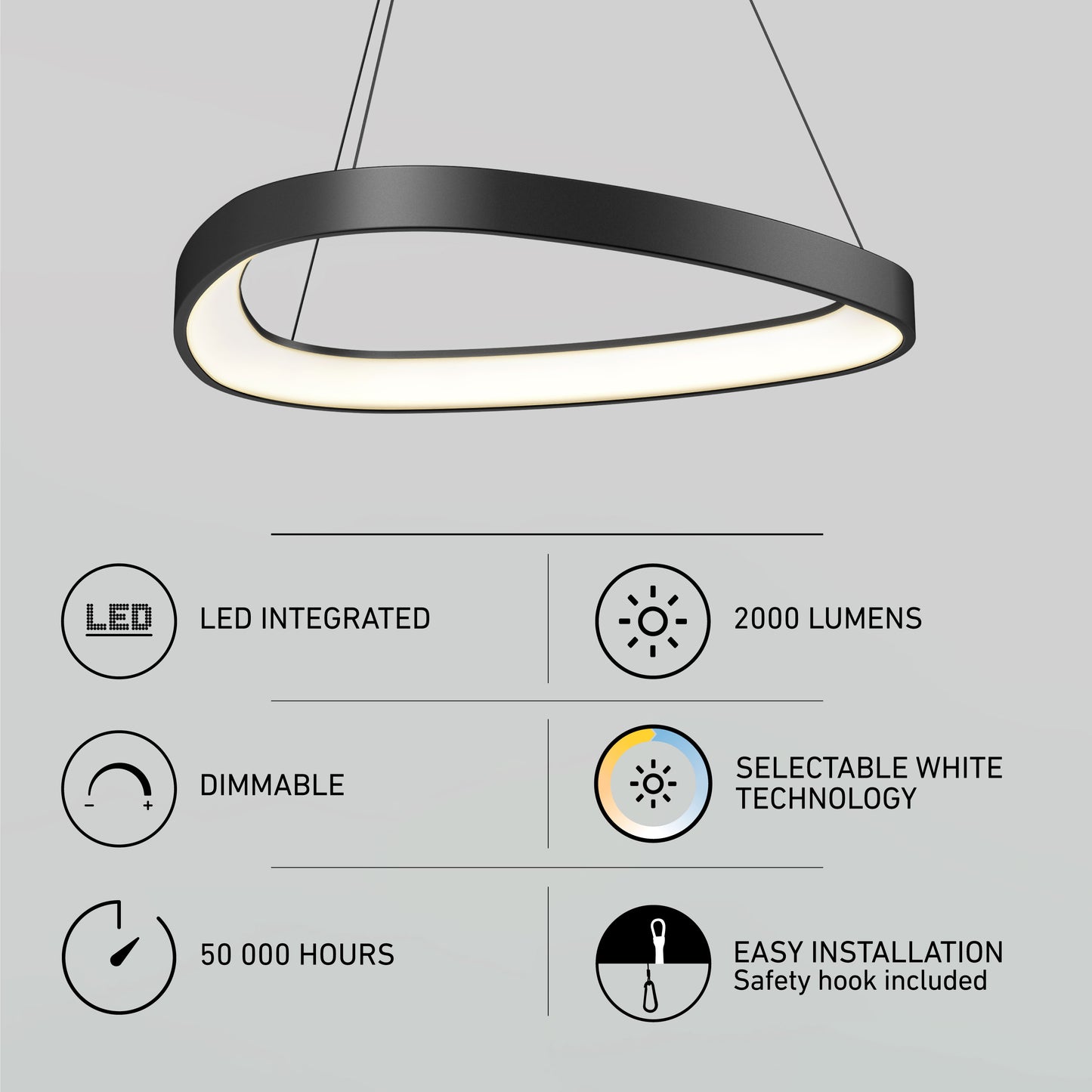 The Artika Bjorn modern LED pendant light 5 CCT features integrated LEDs, dimmable lighting, 50,000-hour lifespan, 2000 lumens, selectable white technology, and easy installation with a safety hook included.